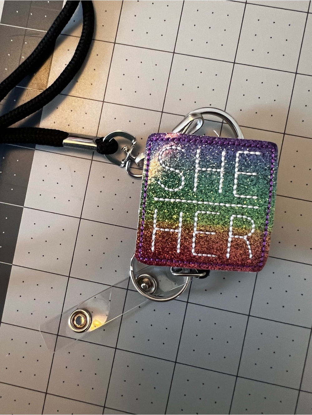 Glitter 'SHE/HER' Rainbow Badge Reel